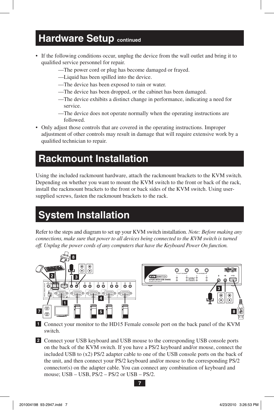 Hardware setup, Rackmount installation, System installation | Tripp Lite PERIPHERAL SHARING B006-VUA4-K-R User Manual | Page 7 / 28