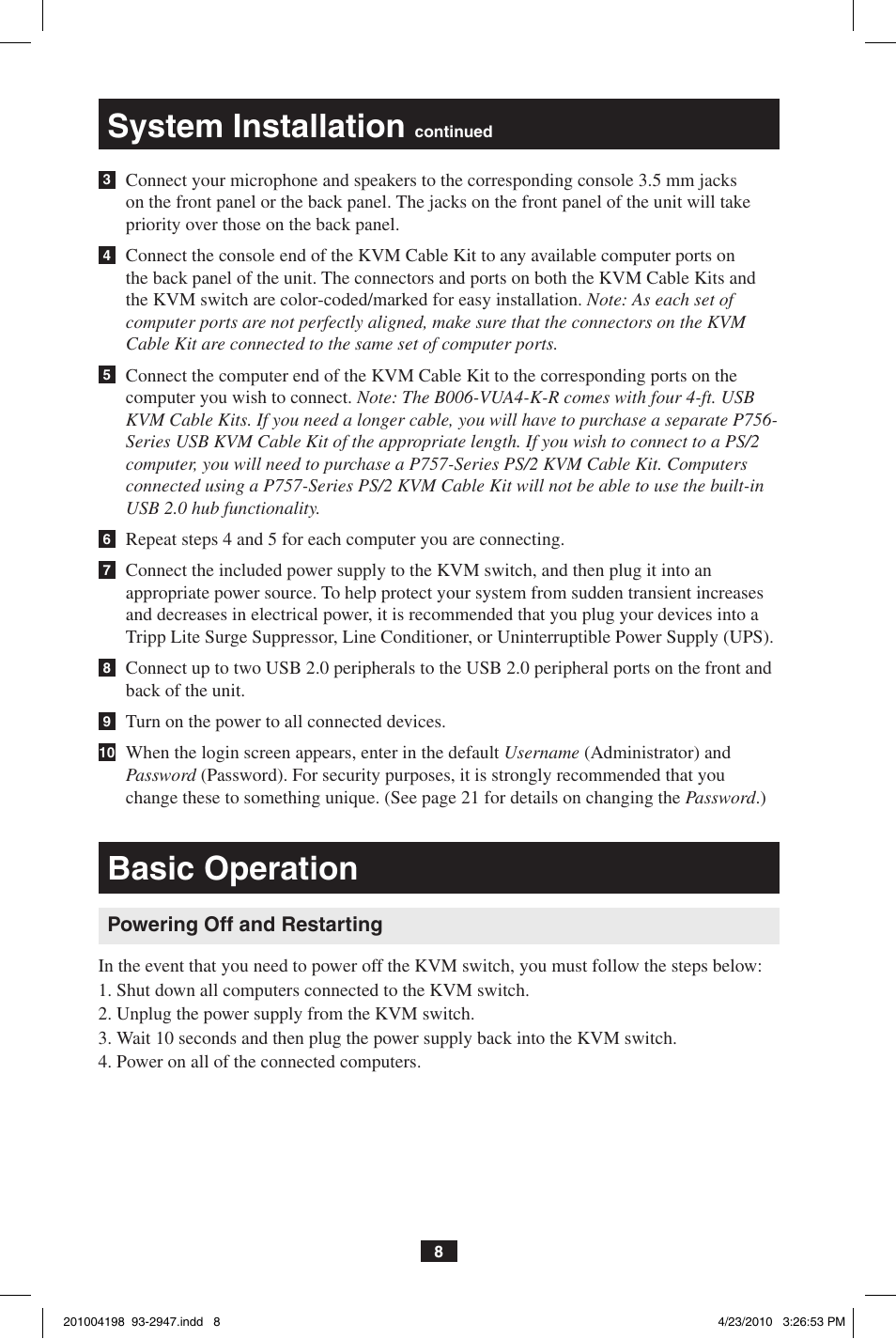 Basic operation, System installation | Tripp Lite PERIPHERAL SHARING B006-VUA4-K-R User Manual | Page 8 / 28