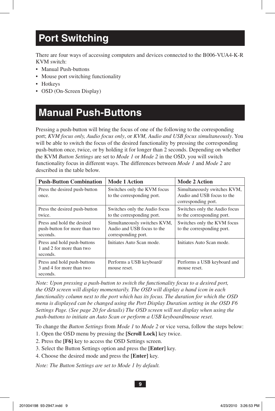 Port switching, Manual push-buttons | Tripp Lite PERIPHERAL SHARING B006-VUA4-K-R User Manual | Page 9 / 28