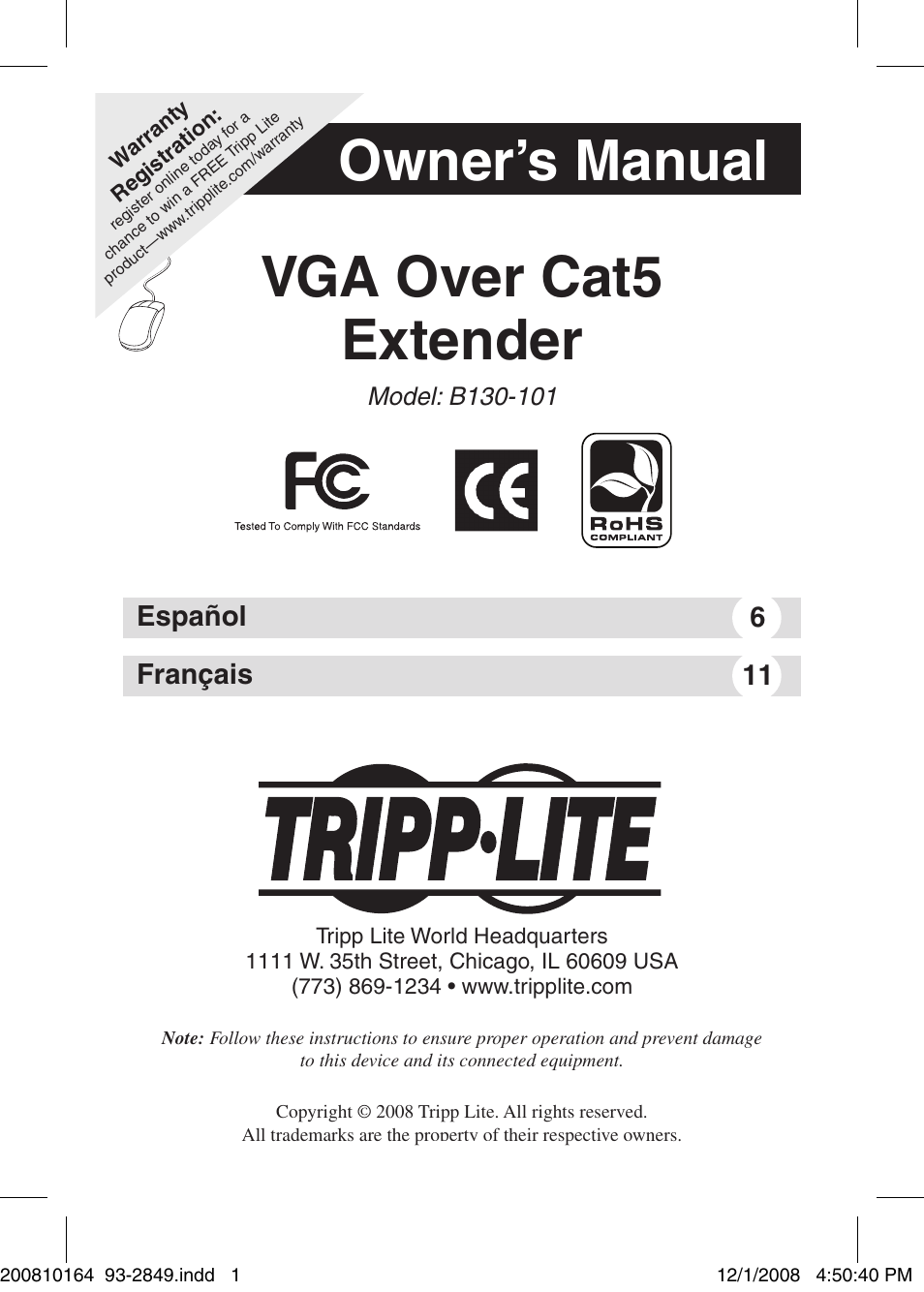 Tripp Lite VGA Over Cat5 Extender B130-101 User Manual | 16 pages