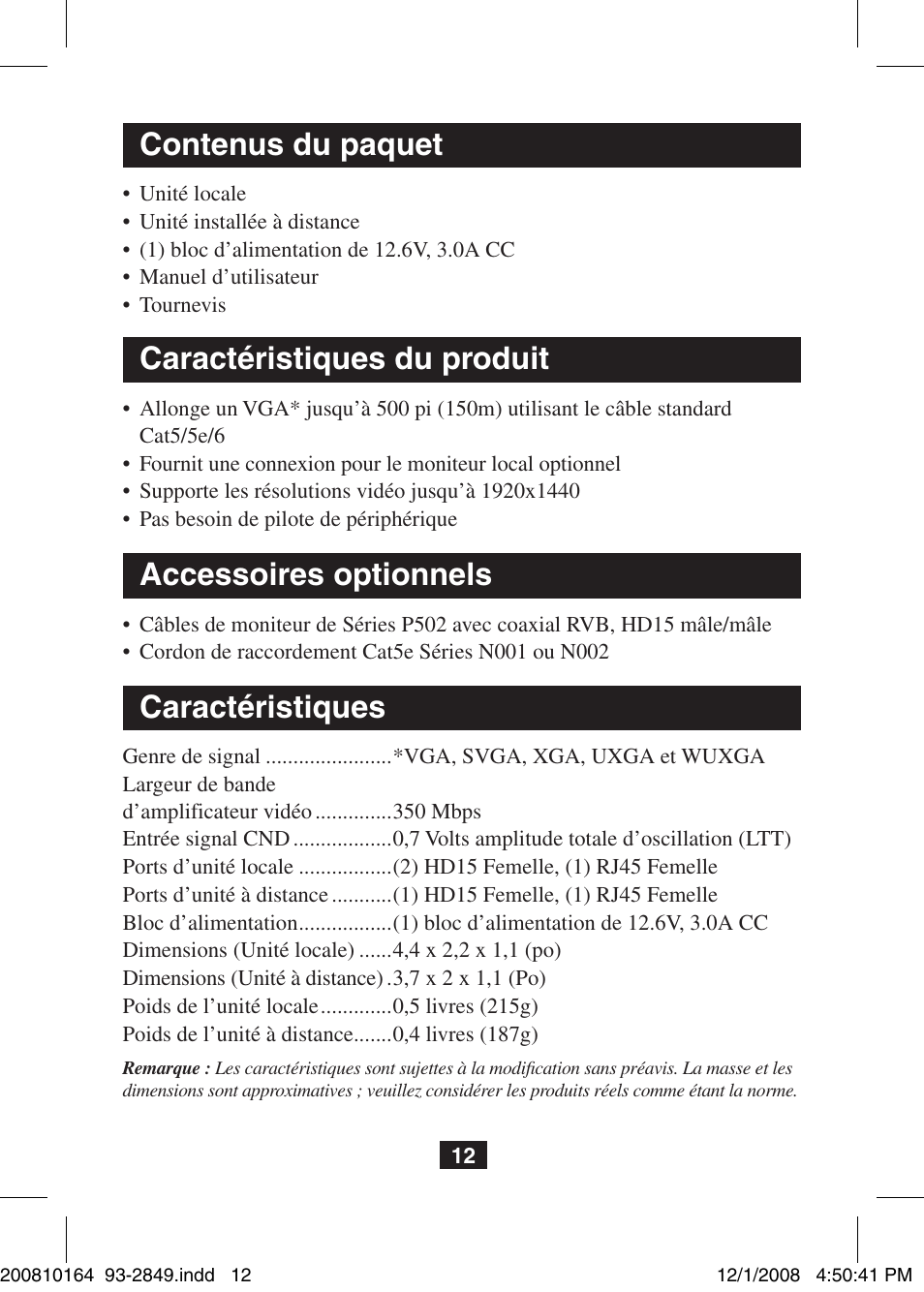 Contenus du paquet, Caractéristiques du produit, Accessoires optionnels caractéristiques | Tripp Lite VGA Over Cat5 Extender B130-101 User Manual | Page 12 / 16