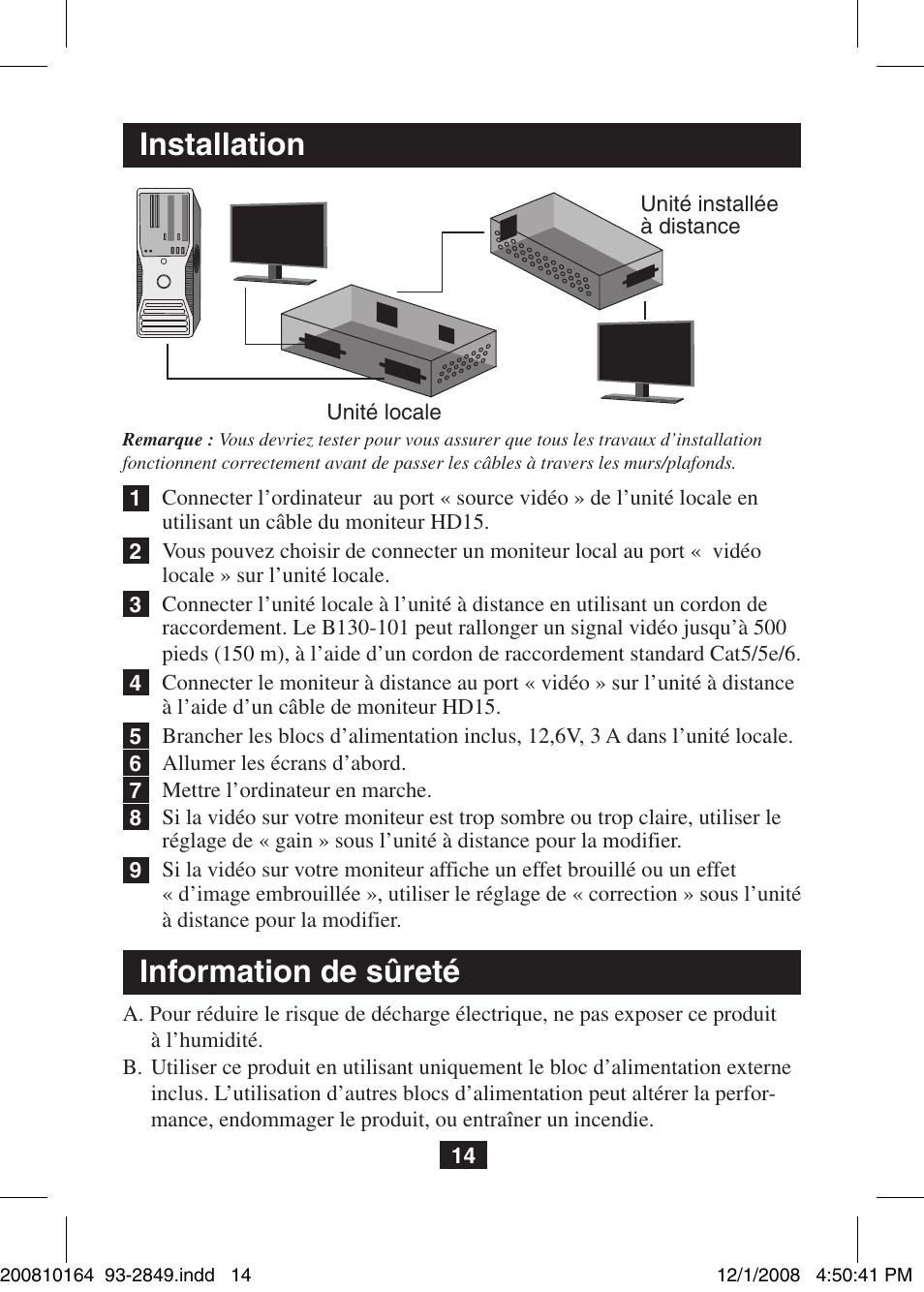 Installation, Information de sûreté | Tripp Lite VGA Over Cat5 Extender B130-101 User Manual | Page 14 / 16