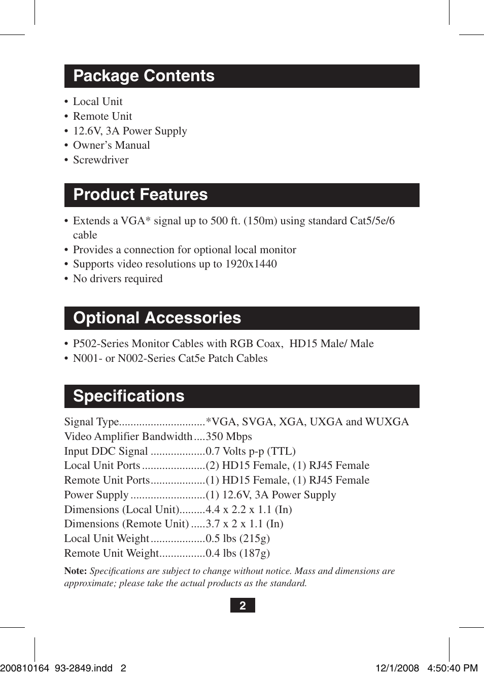Package contents specifications, Product features, Optional accessories | Tripp Lite VGA Over Cat5 Extender B130-101 User Manual | Page 2 / 16