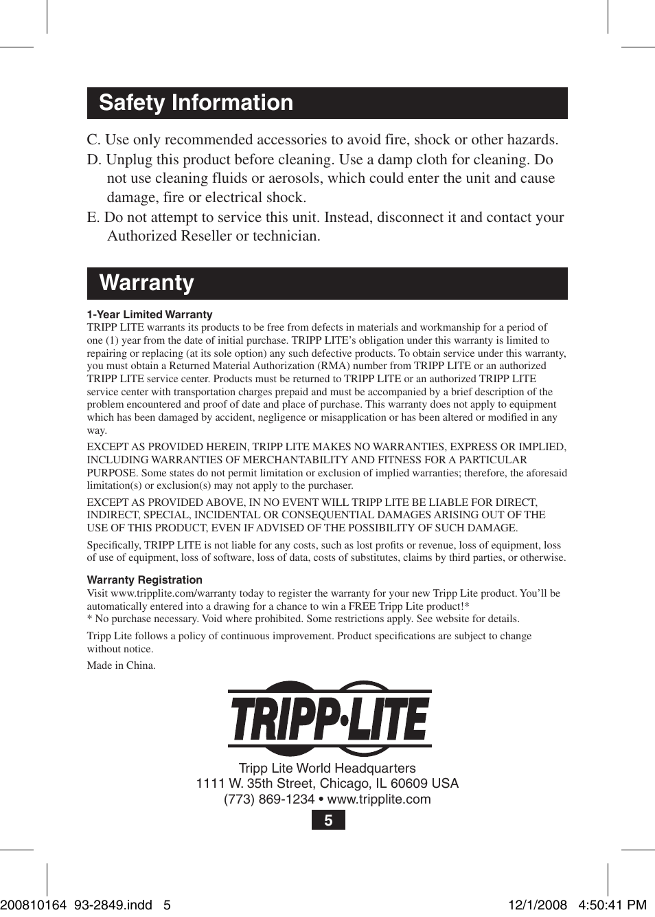 Safety information, Warranty | Tripp Lite VGA Over Cat5 Extender B130-101 User Manual | Page 5 / 16