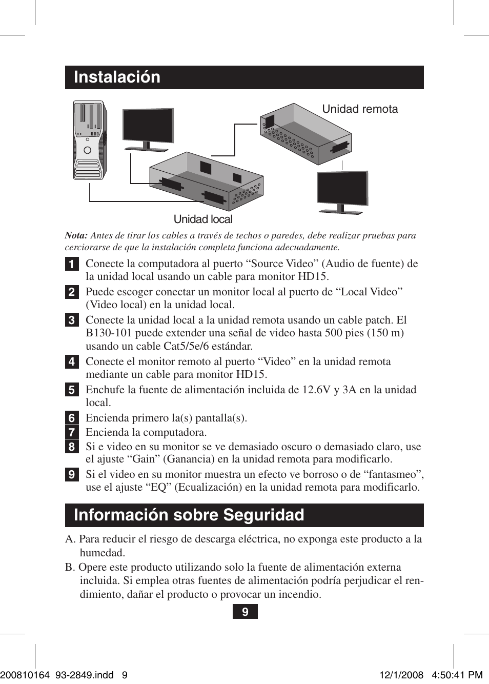 Instalación, Información sobre seguridad | Tripp Lite VGA Over Cat5 Extender B130-101 User Manual | Page 9 / 16