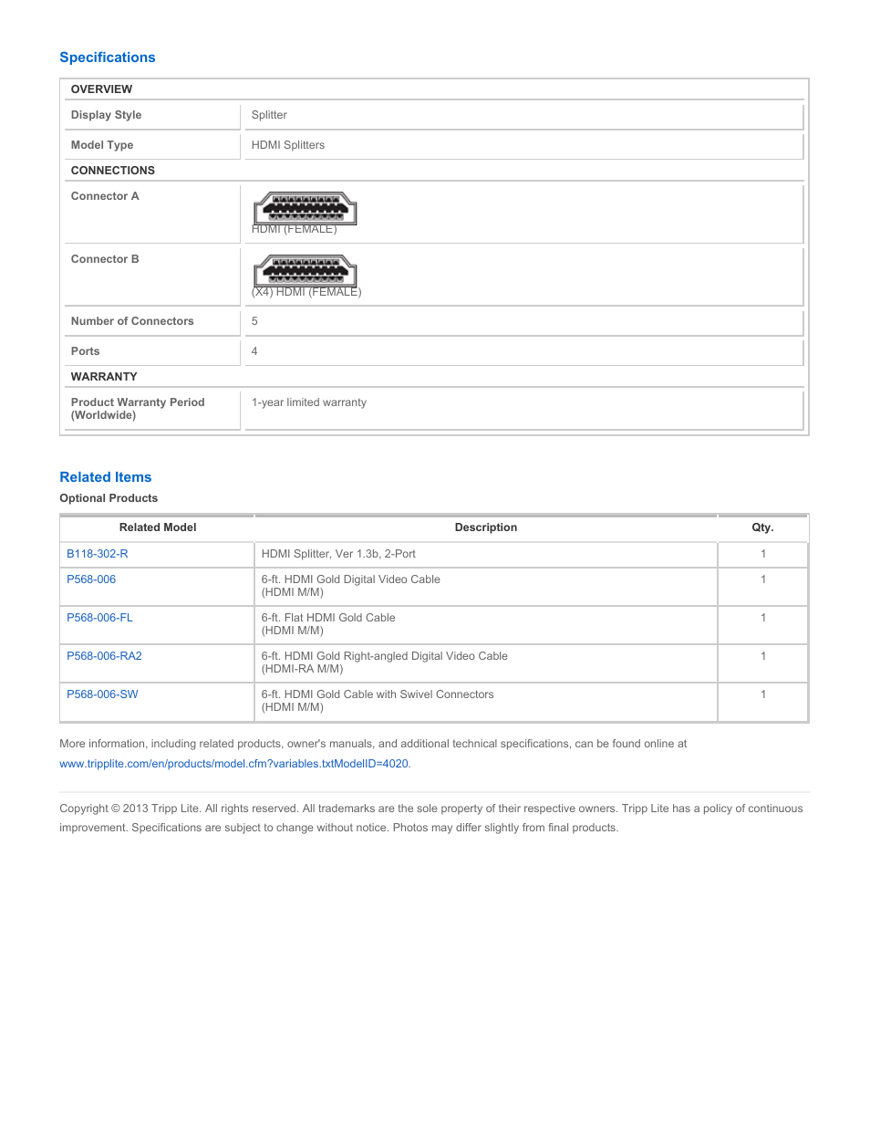 Tripp Lite HDMI v1.3 Splitter B118-304-R User Manual | Page 2 / 2