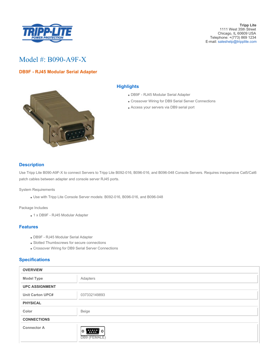 Tripp Lite DB9F User Manual | 2 pages