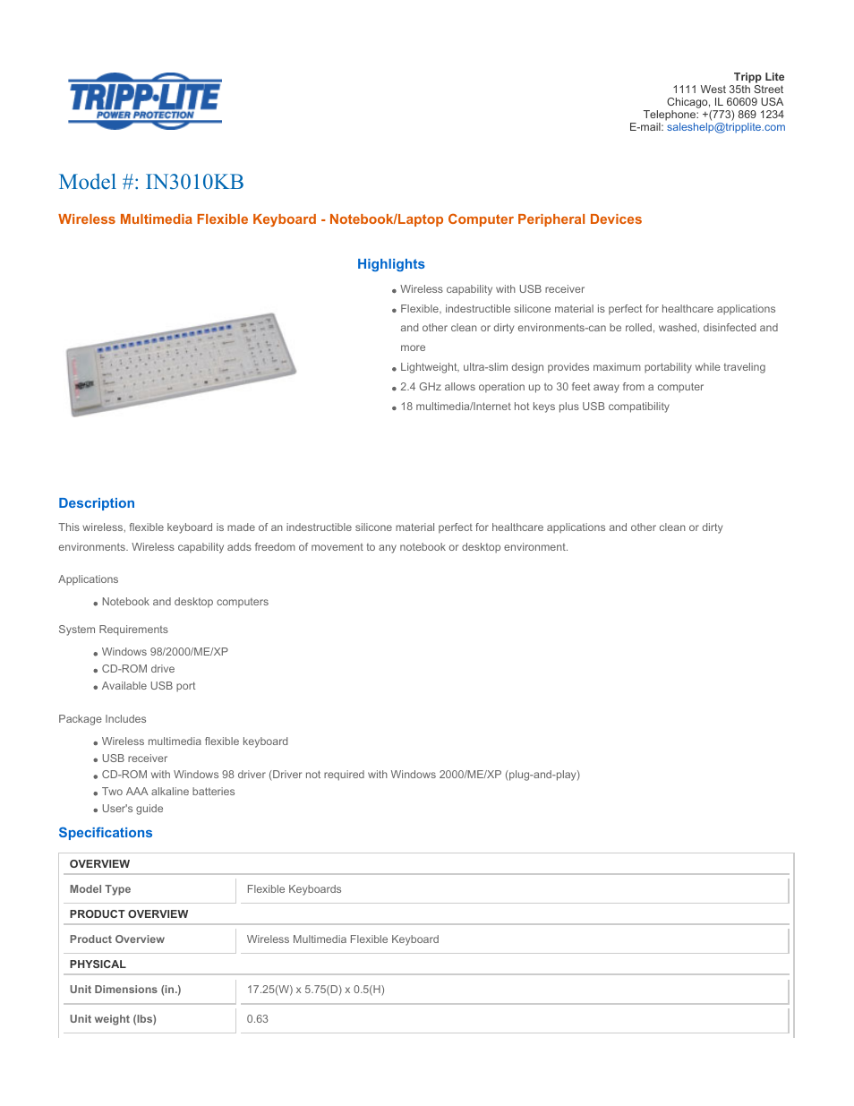 Tripp Lite IN3010KB User Manual | 2 pages