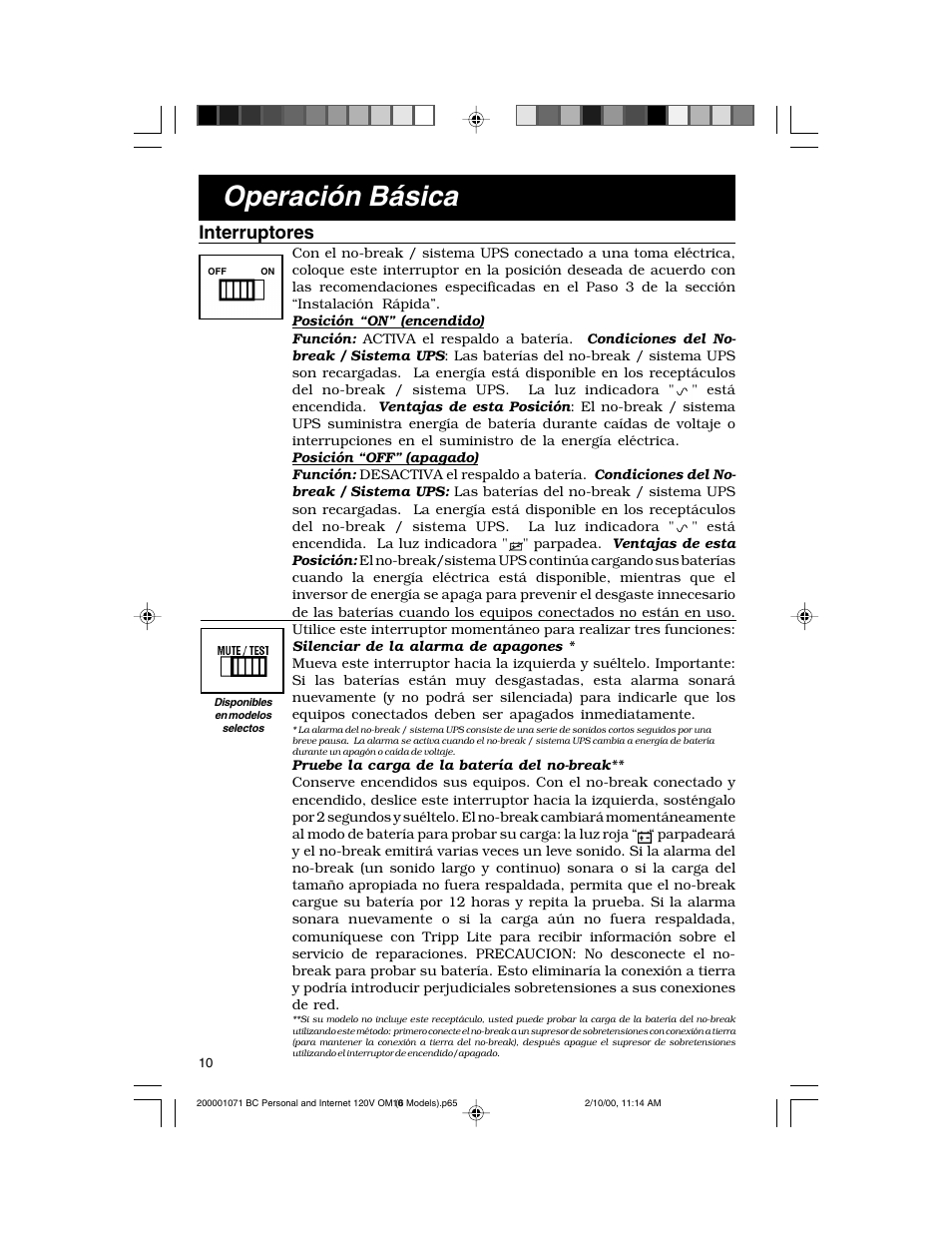 Operación básica, Interruptores | Tripp Lite BC Personal User Manual | Page 10 / 20