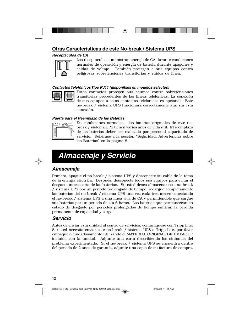 Almacenaje y servicio, Almacenaje, Servicio | Tripp Lite BC Personal User Manual | Page 12 / 20