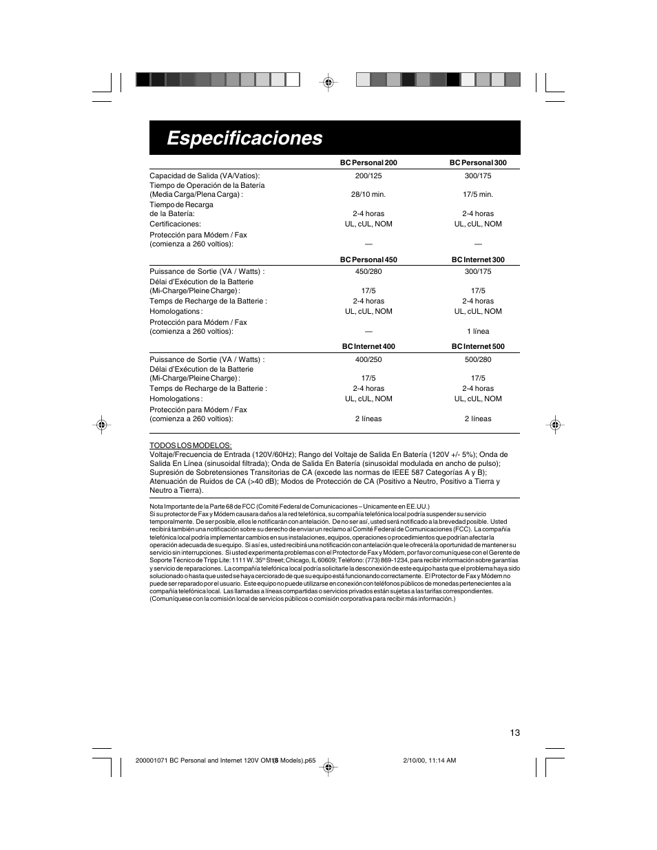 Especificaciones | Tripp Lite BC Personal User Manual | Page 13 / 20
