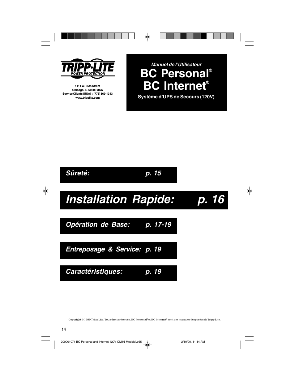 Installation rapide: p. 16, Bc personal, Bc internet | Tripp Lite BC Personal User Manual | Page 14 / 20