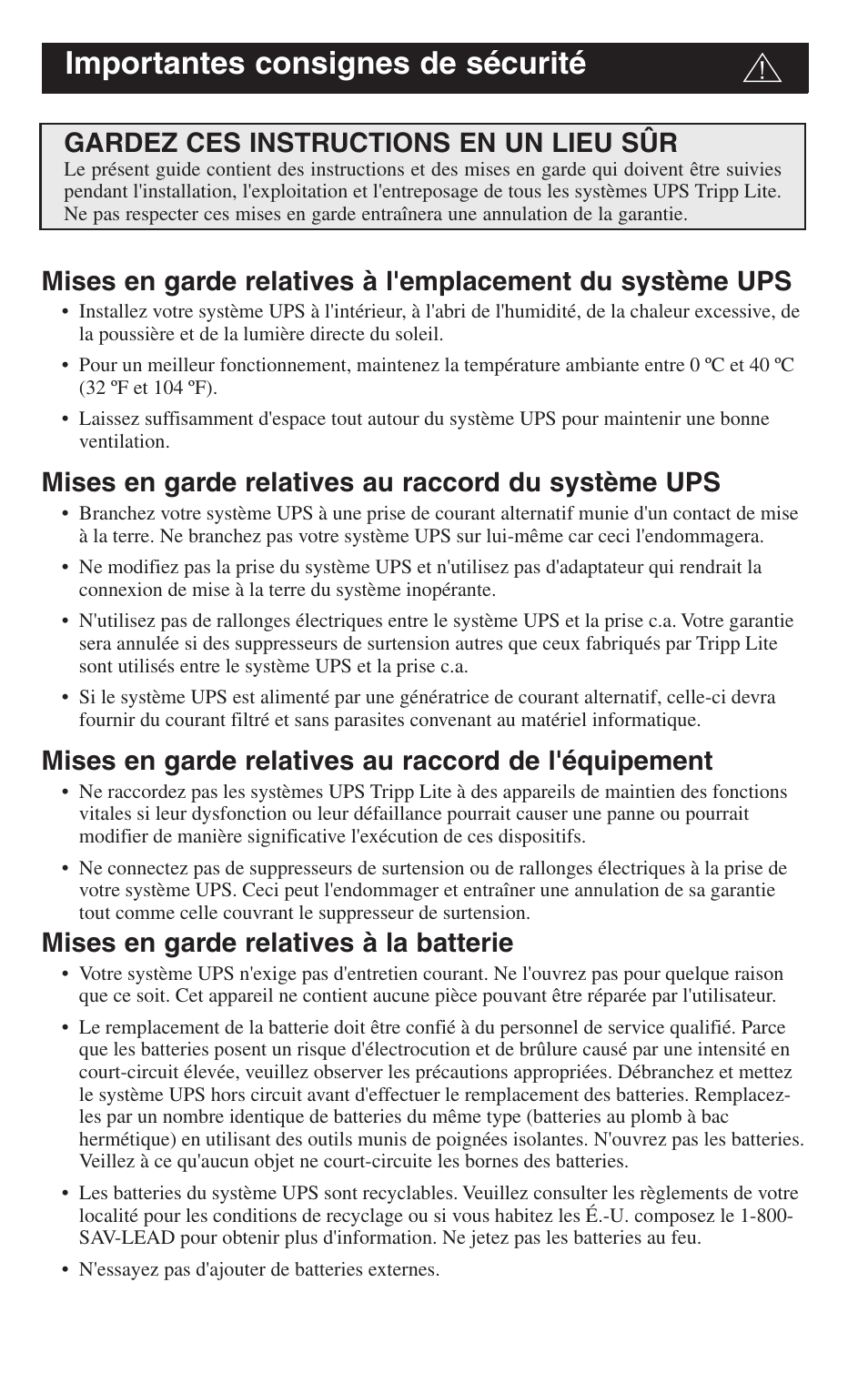 Importantes consignes de sécurité | Tripp Lite BC Personal User Manual | Page 15 / 20