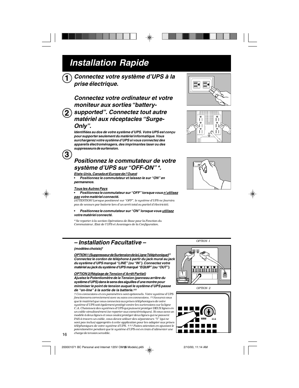 Installation rapide, Installation facultative | Tripp Lite BC Personal User Manual | Page 16 / 20