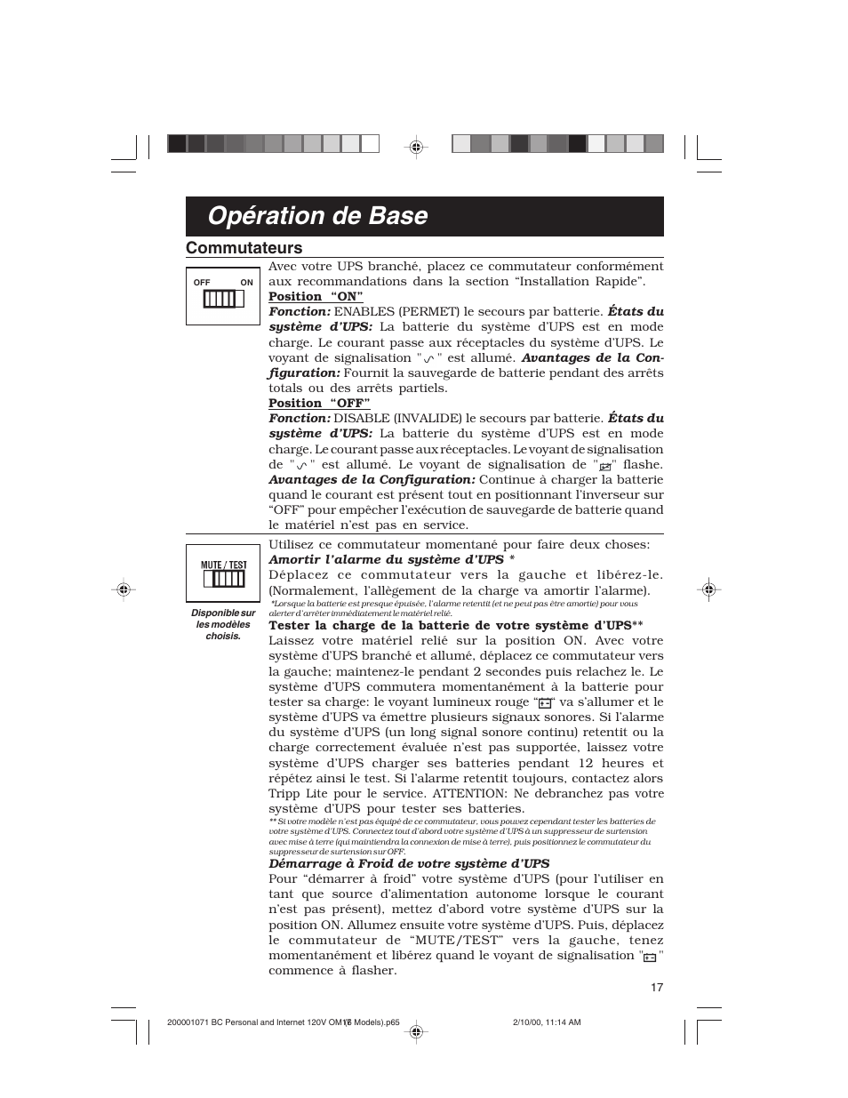 Opération de base, Commutateurs | Tripp Lite BC Personal User Manual | Page 17 / 20