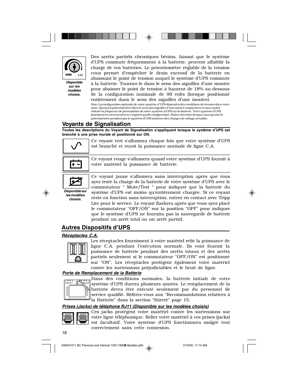 Autres dispositifs d’ups, Voyants de signalisation | Tripp Lite BC Personal User Manual | Page 18 / 20