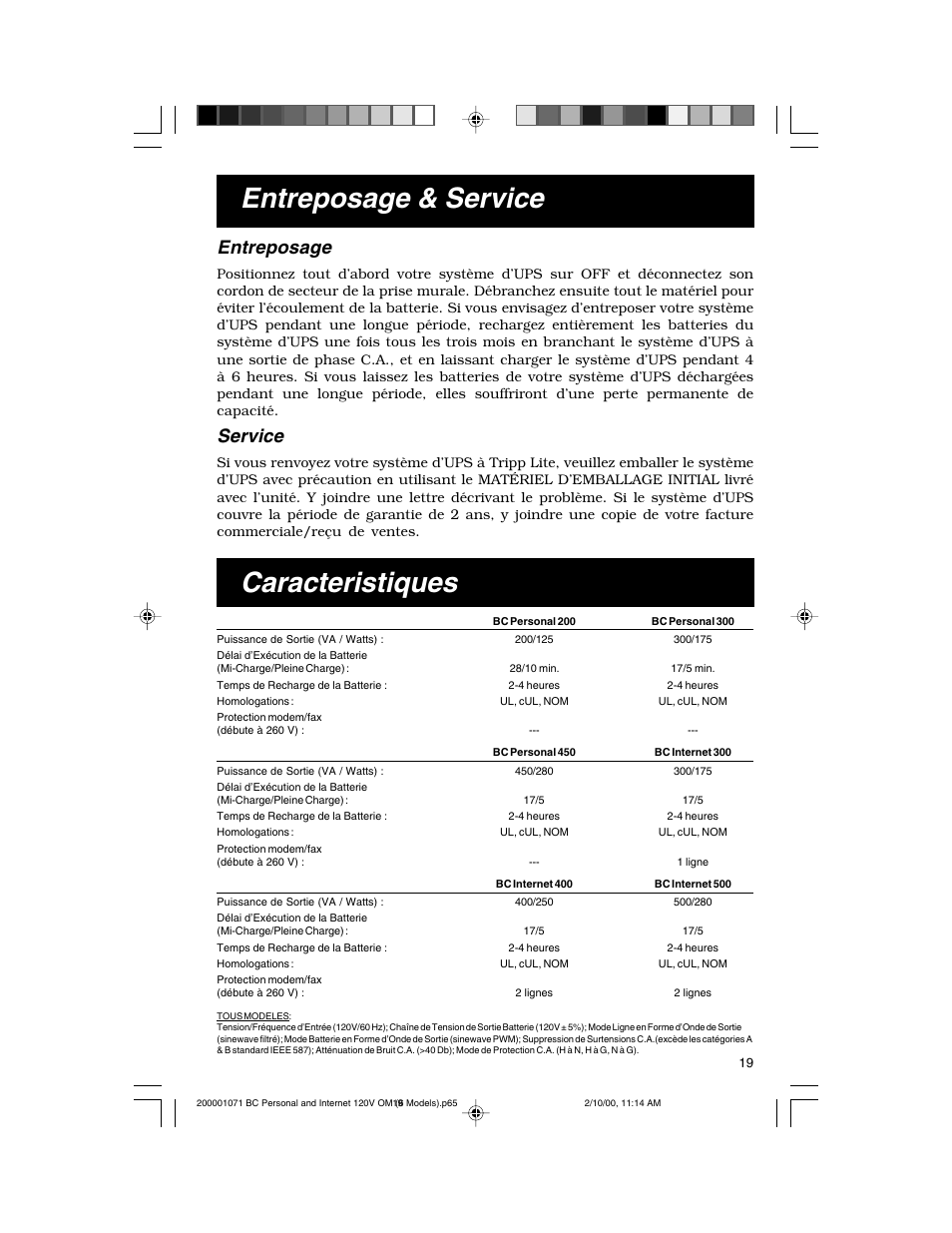 Entreposage & service, Caracteristiques, Entreposage | Service | Tripp Lite BC Personal User Manual | Page 19 / 20