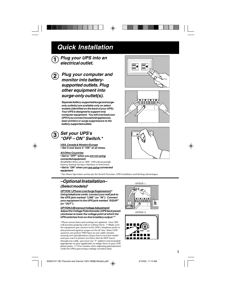 Quick installation, Set your ups’s “off – on” switch, Optional installation | Tripp Lite BC Personal User Manual | Page 3 / 20