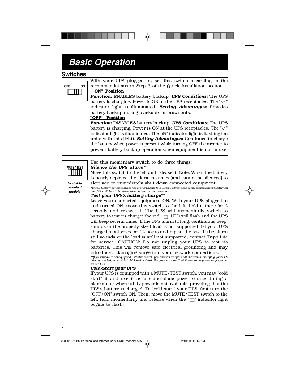 Basic operation, Switches | Tripp Lite BC Personal User Manual | Page 4 / 20