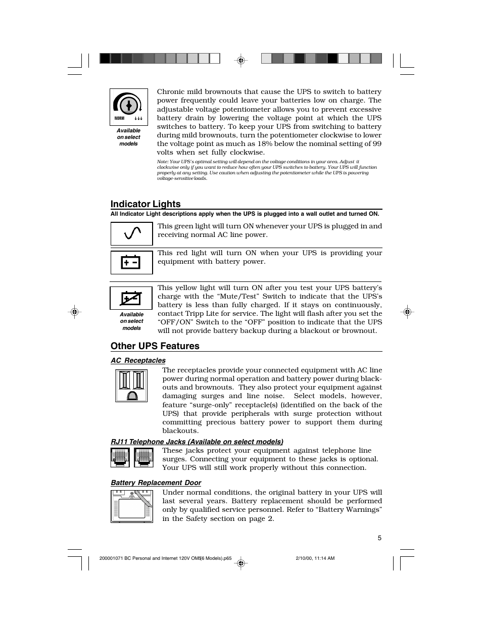 Other ups features, Indicator lights | Tripp Lite BC Personal User Manual | Page 5 / 20