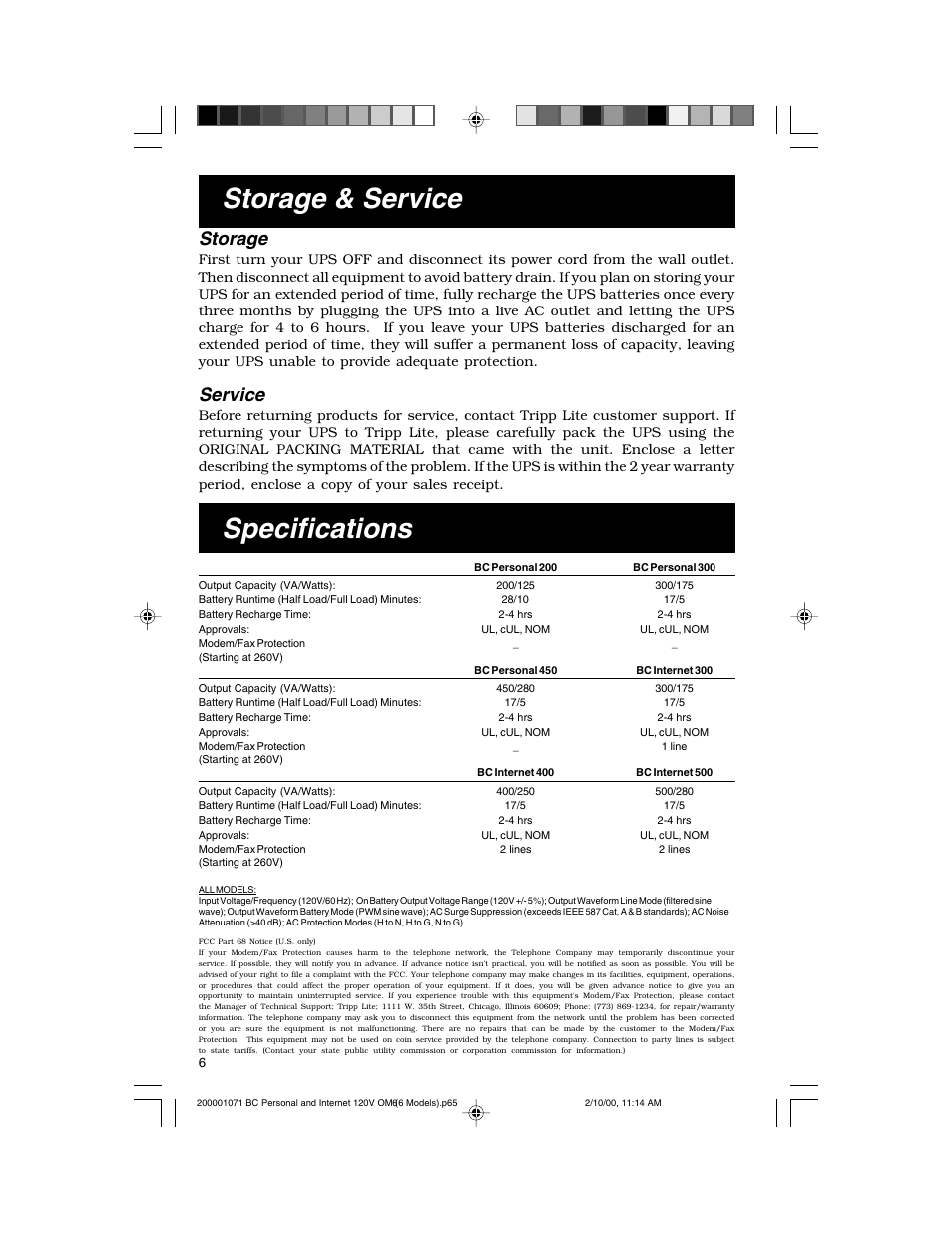 Storage & service, Specifications, Storage | Service | Tripp Lite BC Personal User Manual | Page 6 / 20