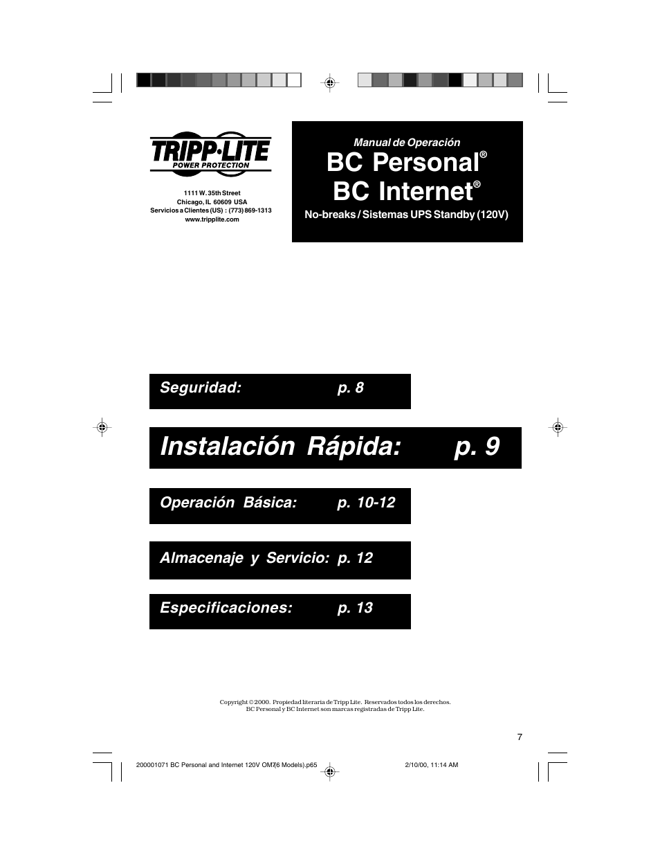 Instalación rápida: p. 9, Bc personal, Bc internet | Tripp Lite BC Personal User Manual | Page 7 / 20