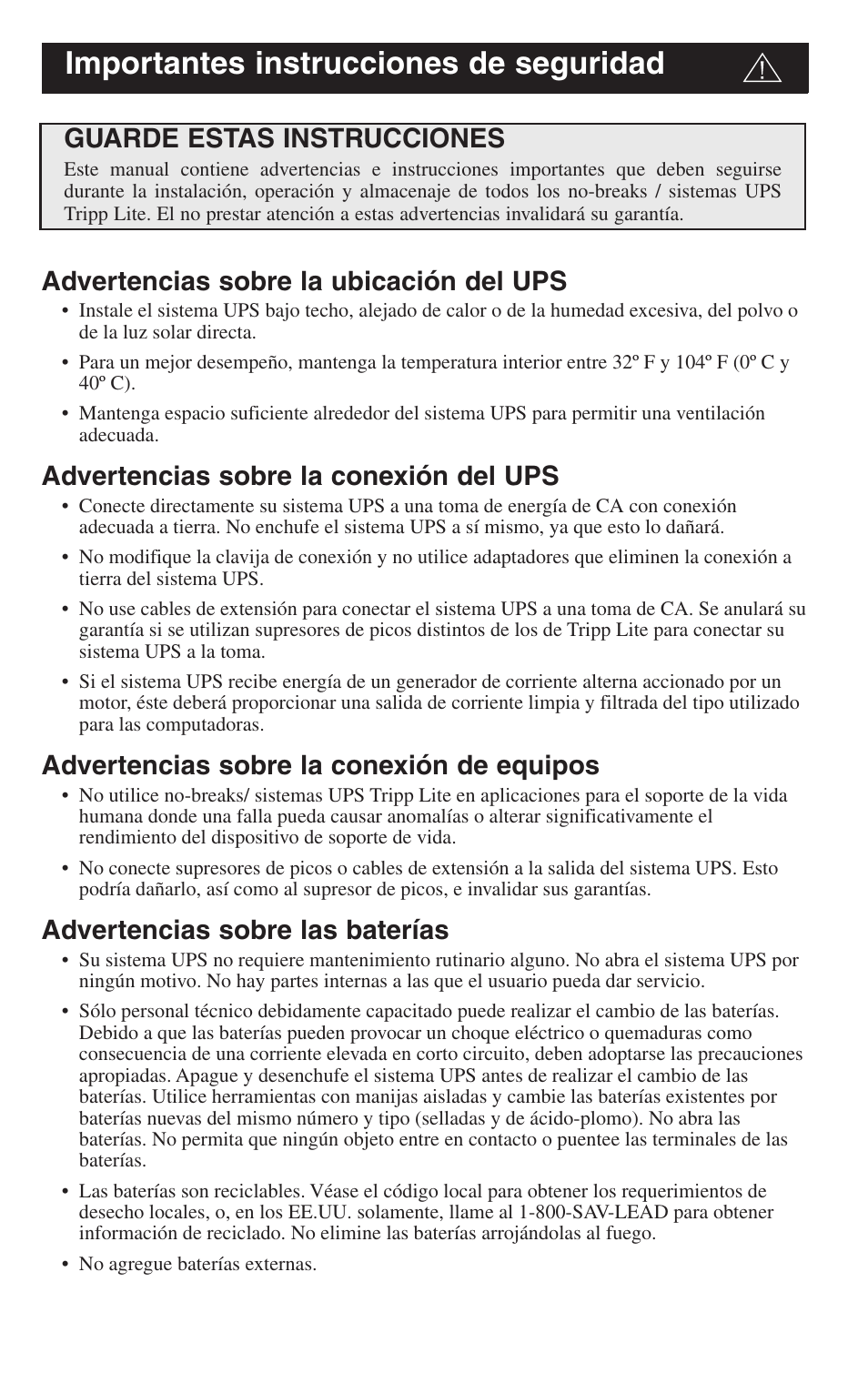 Importantes instrucciones de seguridad | Tripp Lite BC Personal User Manual | Page 8 / 20