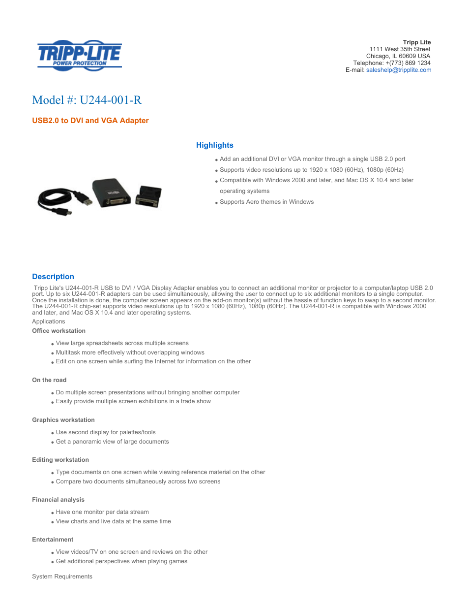 Tripp Lite USB to VGA/DVI Adapter U244-001-R User Manual | 3 pages