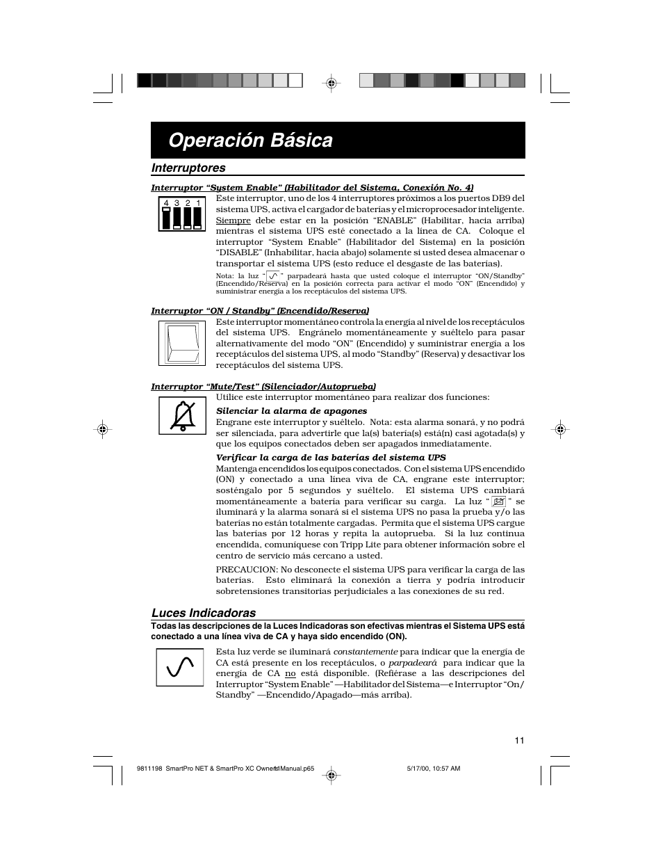 Operación básica, Interruptores, Luces indicadoras | Tripp Lite 1250-3000 VA User Manual | Page 11 / 20