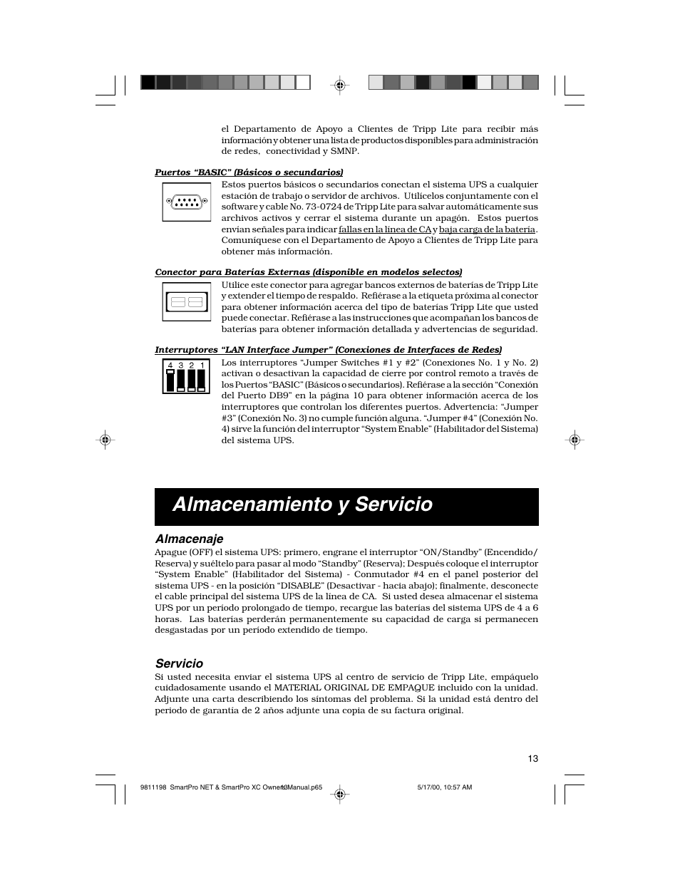 Almacenamiento y servicio, Almacenaje, Servicio | Tripp Lite 1250-3000 VA User Manual | Page 13 / 20