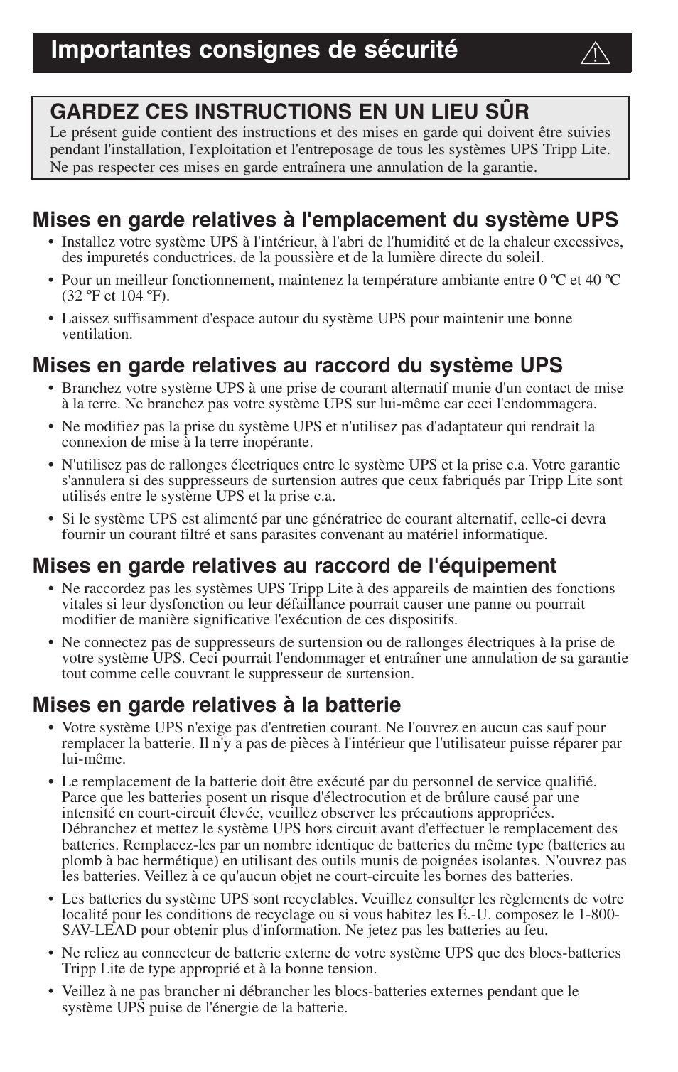 Importantes consignes de sécurité | Tripp Lite 1250-3000 VA User Manual | Page 15 / 20