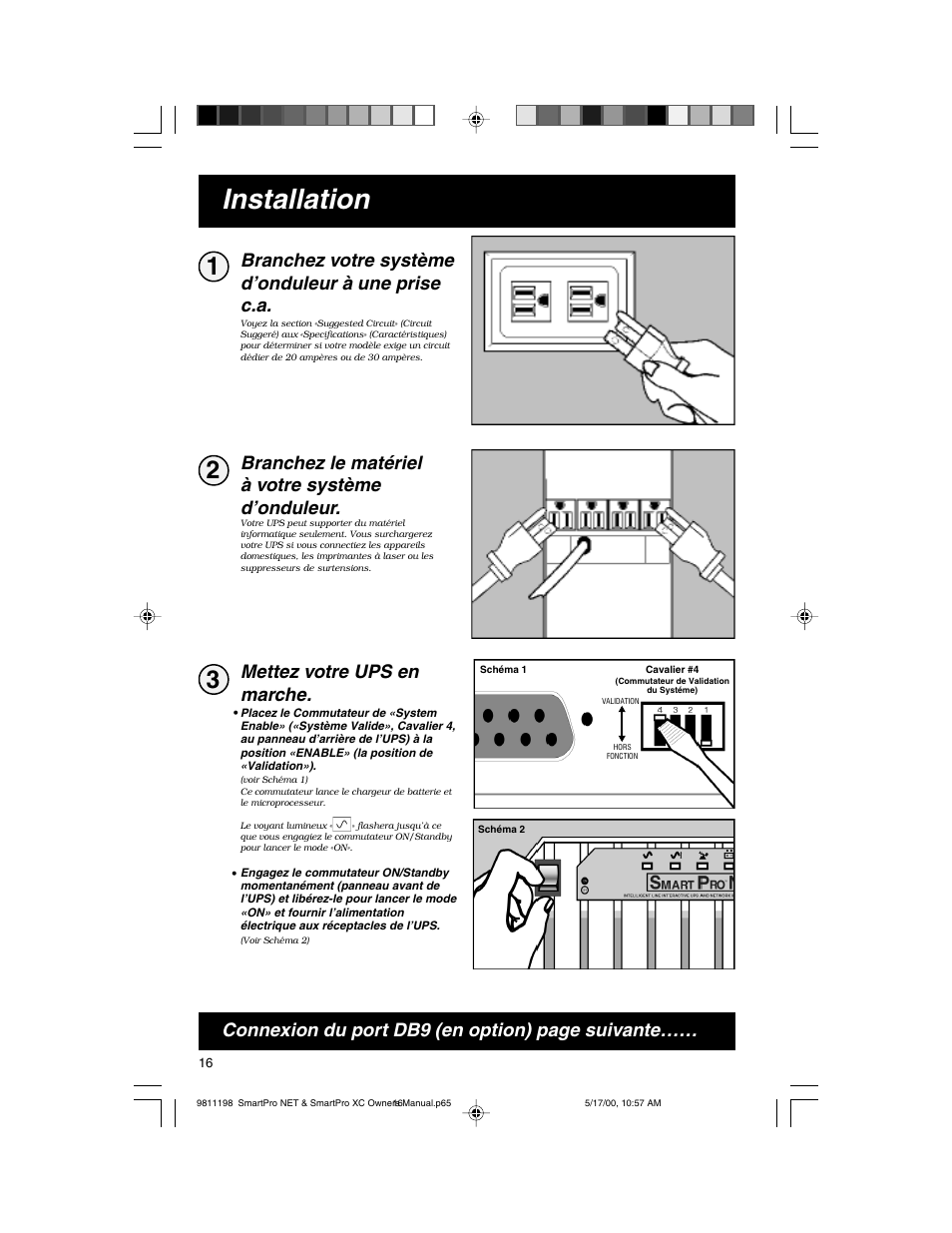Installation, Branchez votre système d’onduleur à une prise c.a, Connexion du port db9 (en option) page suivante | Tripp Lite 1250-3000 VA User Manual | Page 16 / 20