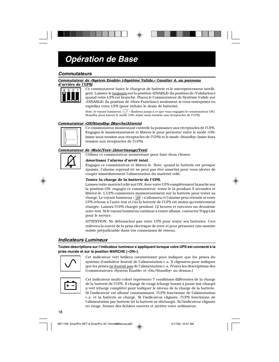 Opération de base, Commutateurs, Indicateurs lumineux | Tripp Lite 1250-3000 VA User Manual | Page 18 / 20
