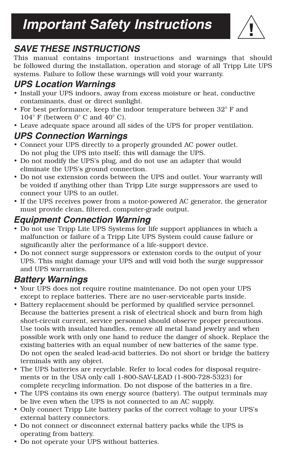 Important safety instructions, Save these instructions, Ups location warnings | Ups connection warnings, Equipment connection warning, Battery warnings | Tripp Lite 1250-3000 VA User Manual | Page 2 / 20