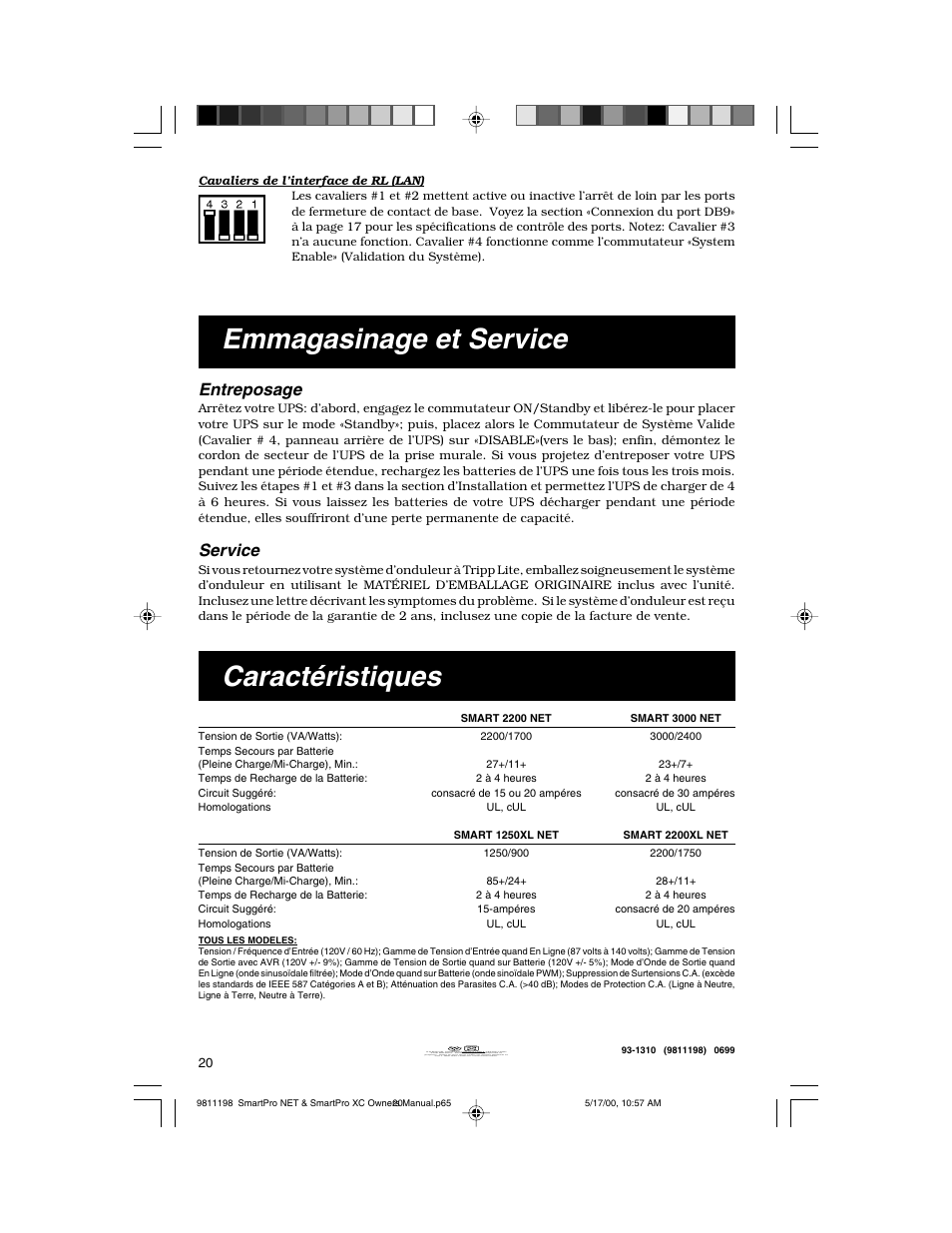 Caractéristiques, Emmagasinage et service, Entreposage | Service | Tripp Lite 1250-3000 VA User Manual | Page 20 / 20