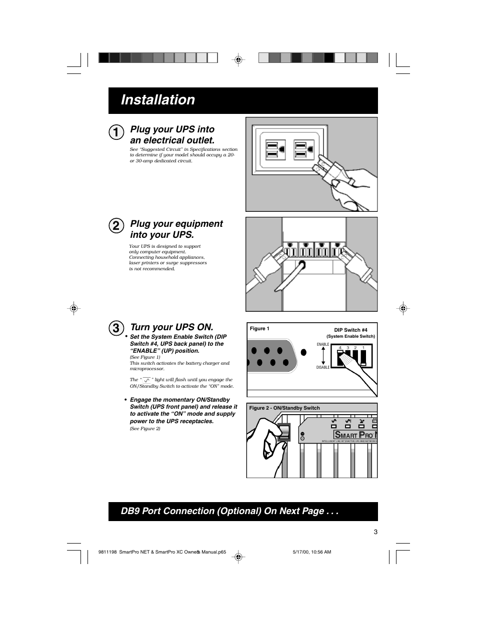 Installation, Plug your ups into an electrical outlet, Db9 port connection (optional) on next page | Tripp Lite 1250-3000 VA User Manual | Page 3 / 20