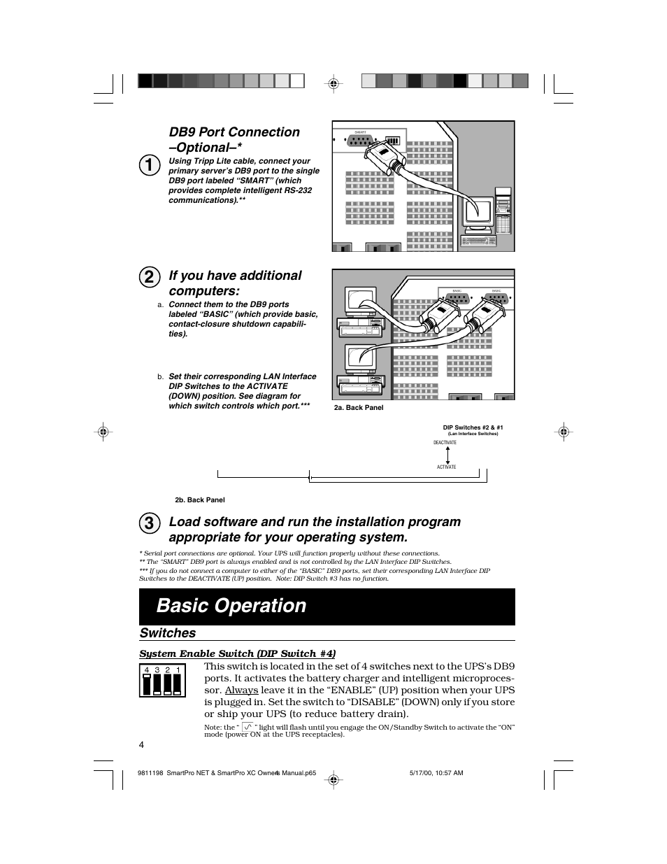 Basic operation, Switches, Db9 port connection –optional | If you have additional computers | Tripp Lite 1250-3000 VA User Manual | Page 4 / 20