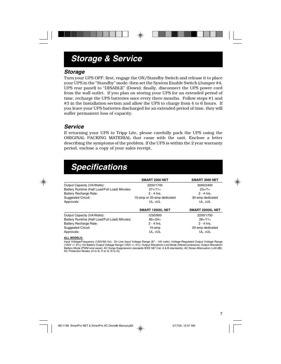 Specifications storage & service, Storage, Service | Tripp Lite 1250-3000 VA User Manual | Page 7 / 20