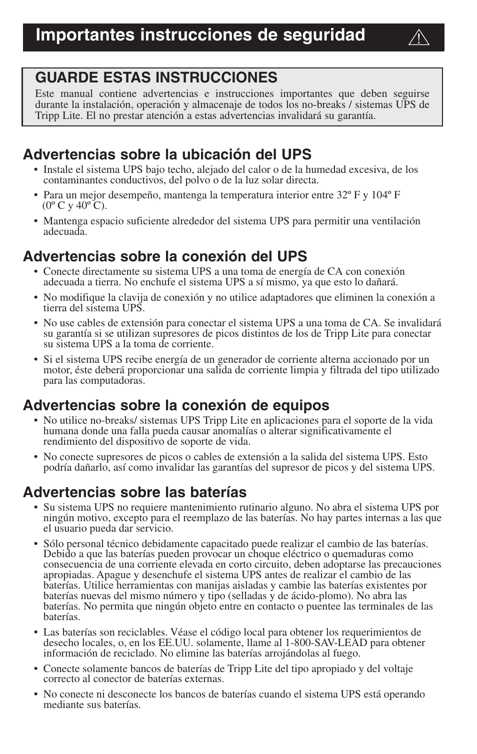 Importantes instrucciones de seguridad | Tripp Lite 1250-3000 VA User Manual | Page 8 / 20