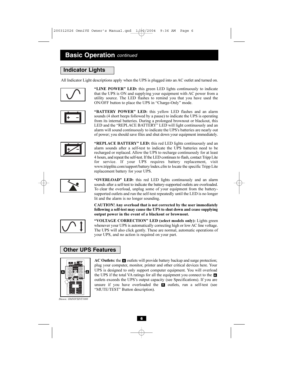 Basic operation, Other ups features indicator lights | Tripp Lite OMNIVSINT1000 User Manual | Page 6 / 9