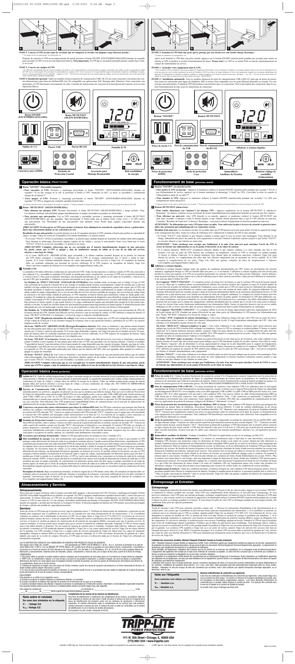 Operación básica, Almacenamiento y servicio, Fonctionnement de base | Entreposage et entretien | Tripp Lite Digital UPS System HTRL15UPS User Manual | Page 2 / 2