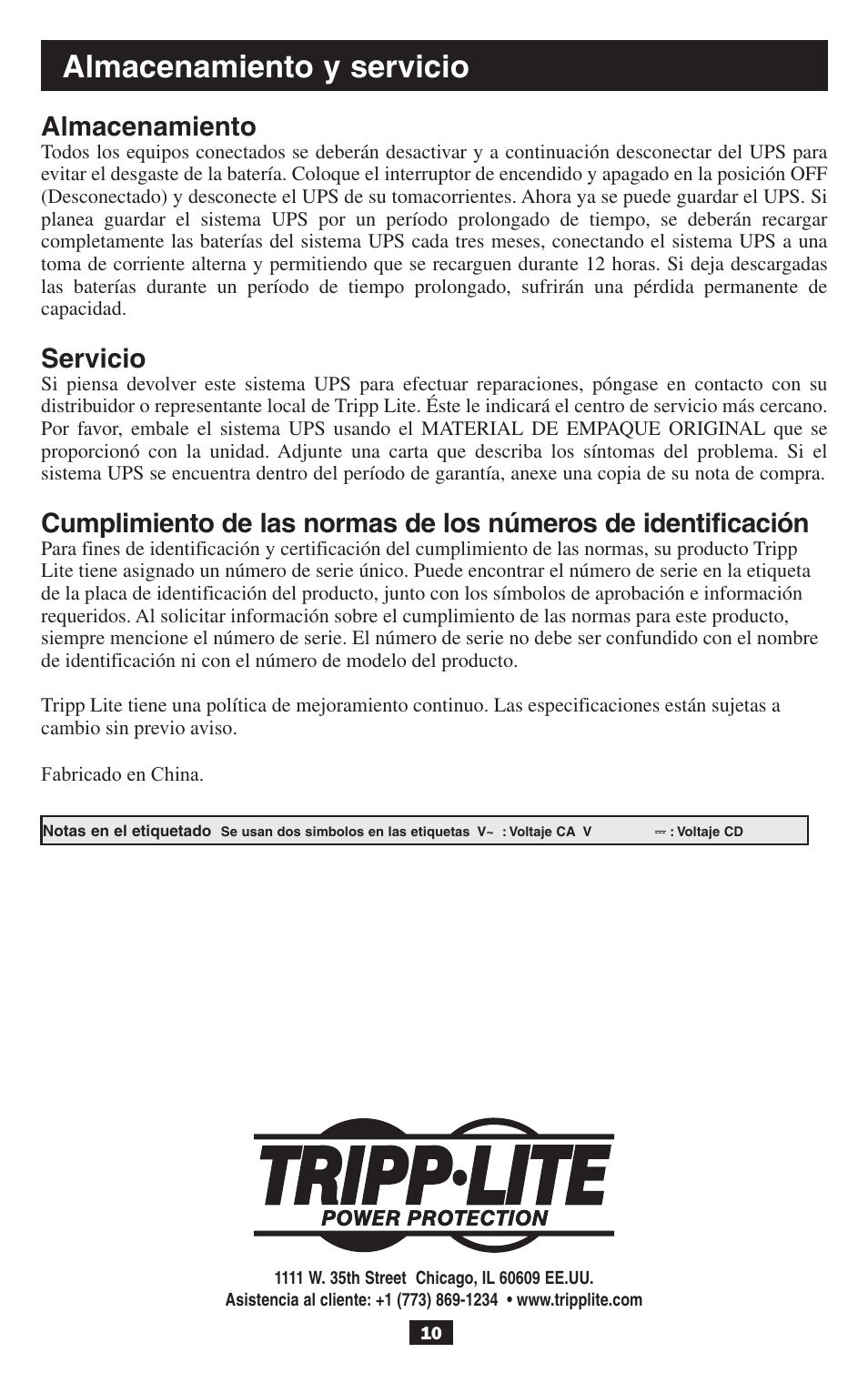 Almacenamiento y servicio, Almacenamiento, Servicio | Tripp Lite BCPERS300 User Manual | Page 10 / 16