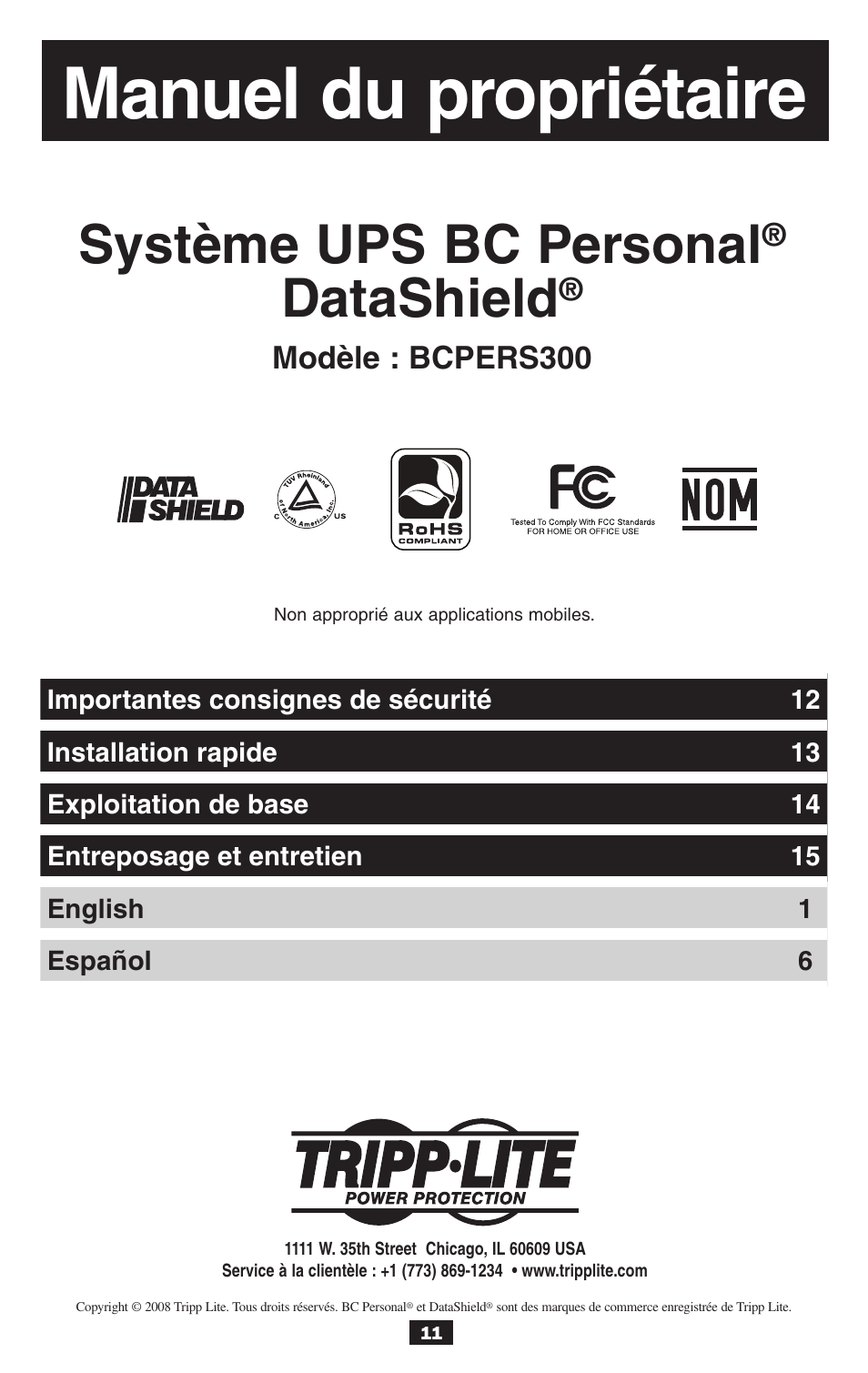 Manuel du propriétaire, Système ups bc personal, Datashield | Modèle : bcpers300 | Tripp Lite BCPERS300 User Manual | Page 11 / 16