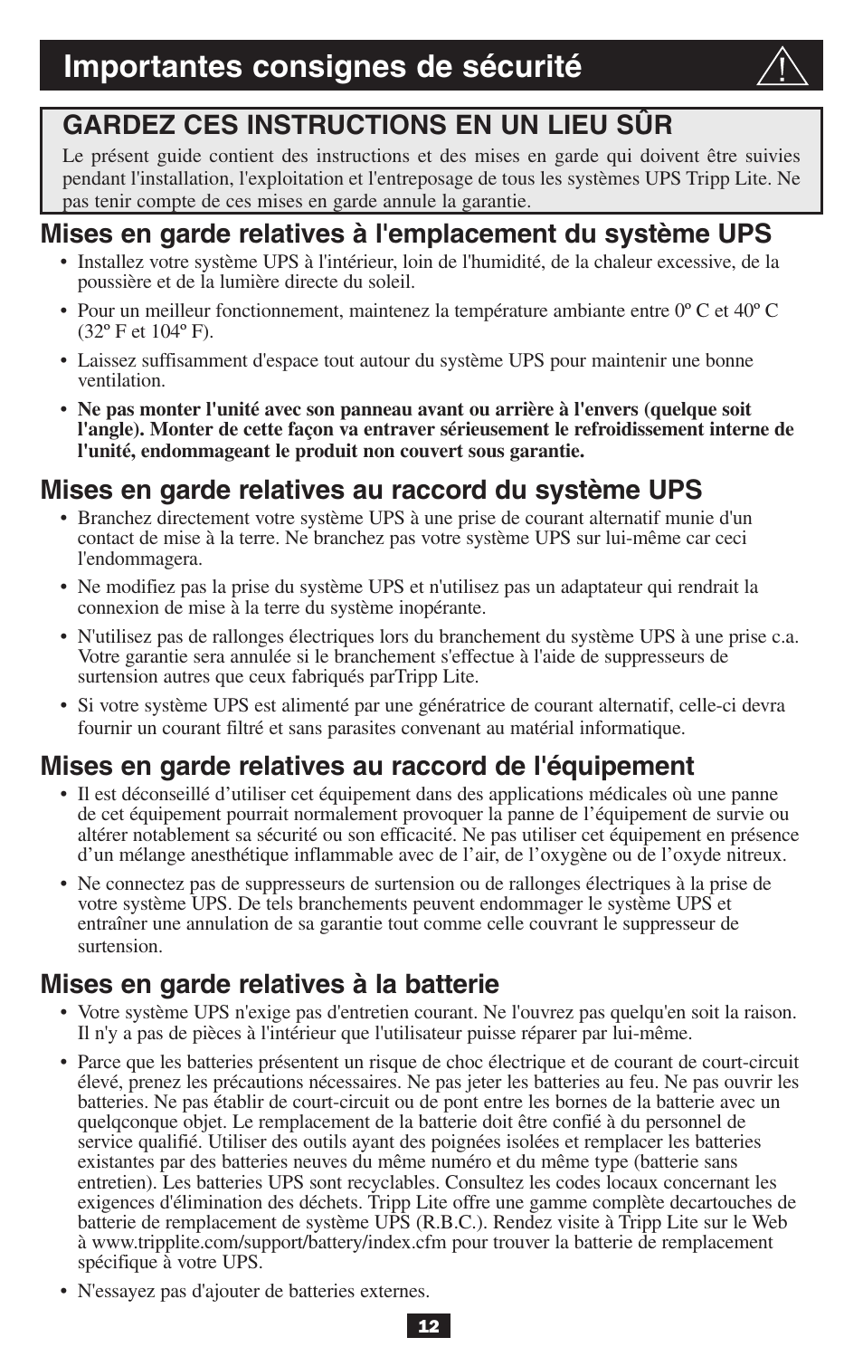 Importantes consignes de sécurité, Mises en garde relatives au raccord du système ups, Mises en garde relatives à la batterie | Gardez ces instructions en un lieu sûr | Tripp Lite BCPERS300 User Manual | Page 12 / 16
