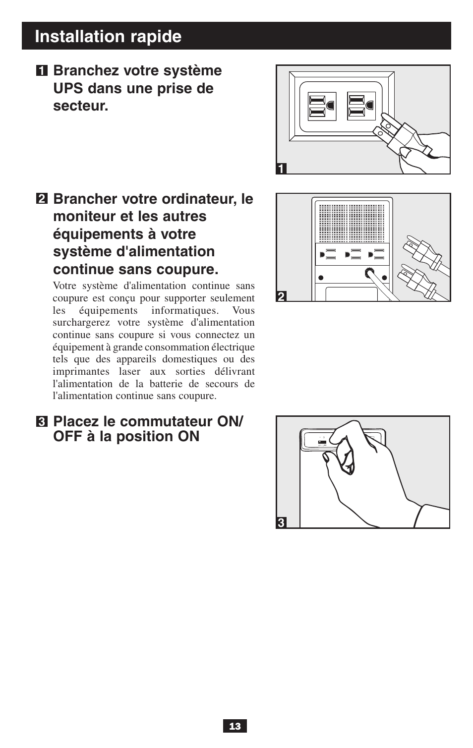 Installation rapide, Placez le commutateur on/ off à la position on | Tripp Lite BCPERS300 User Manual | Page 13 / 16
