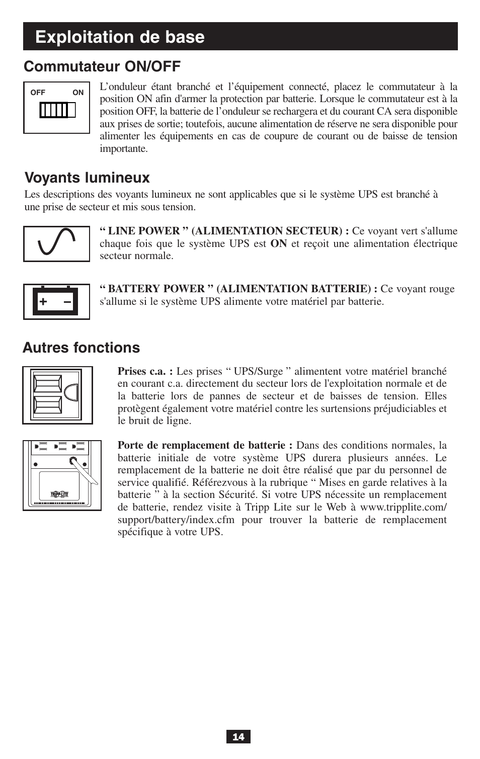 Exploitation de base, Commutateur on/off, Autres fonctions | Voyants lumineux | Tripp Lite BCPERS300 User Manual | Page 14 / 16