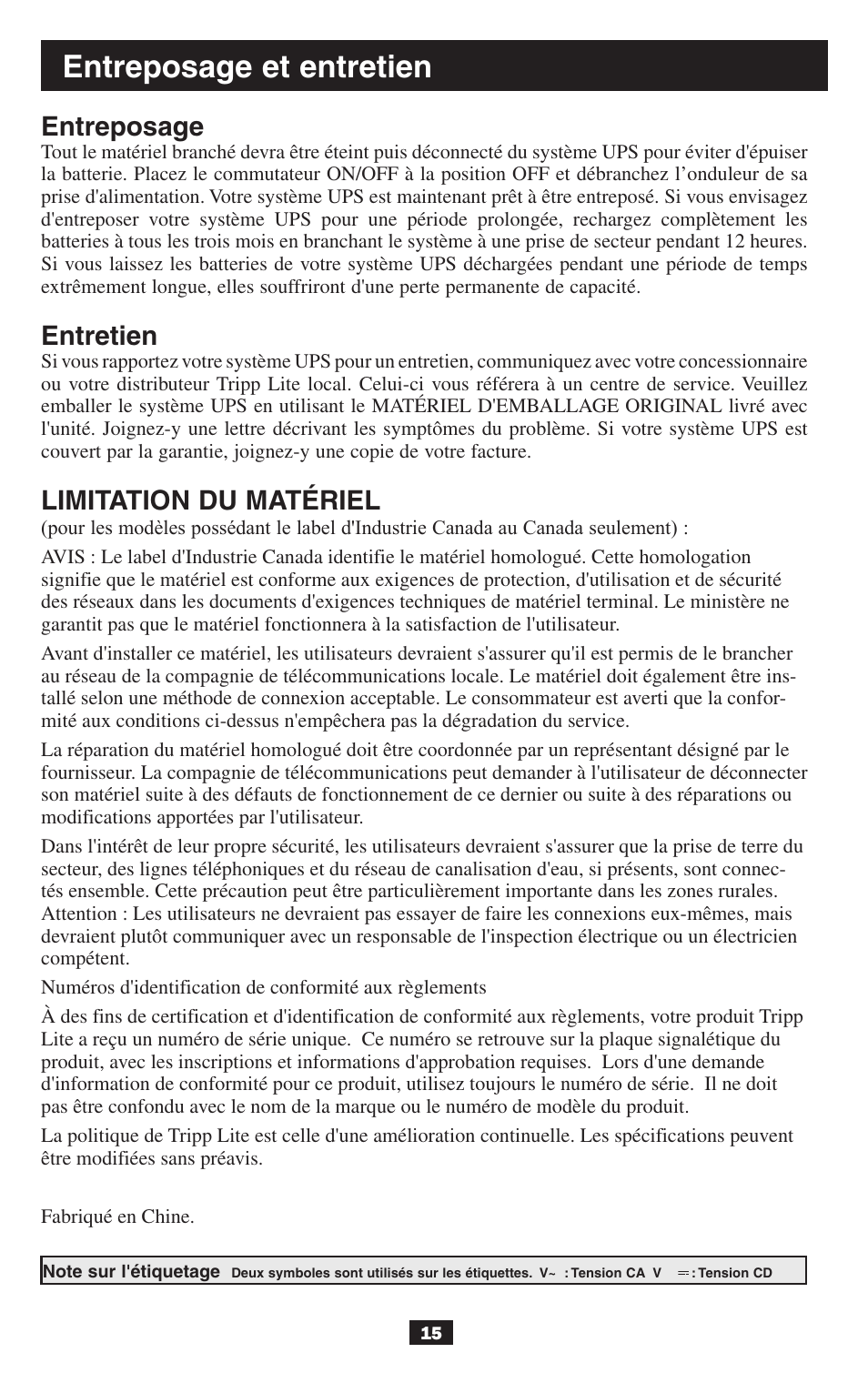 Entreposage et entretien, Entreposage, Entretien | Limitation du matériel | Tripp Lite BCPERS300 User Manual | Page 15 / 16