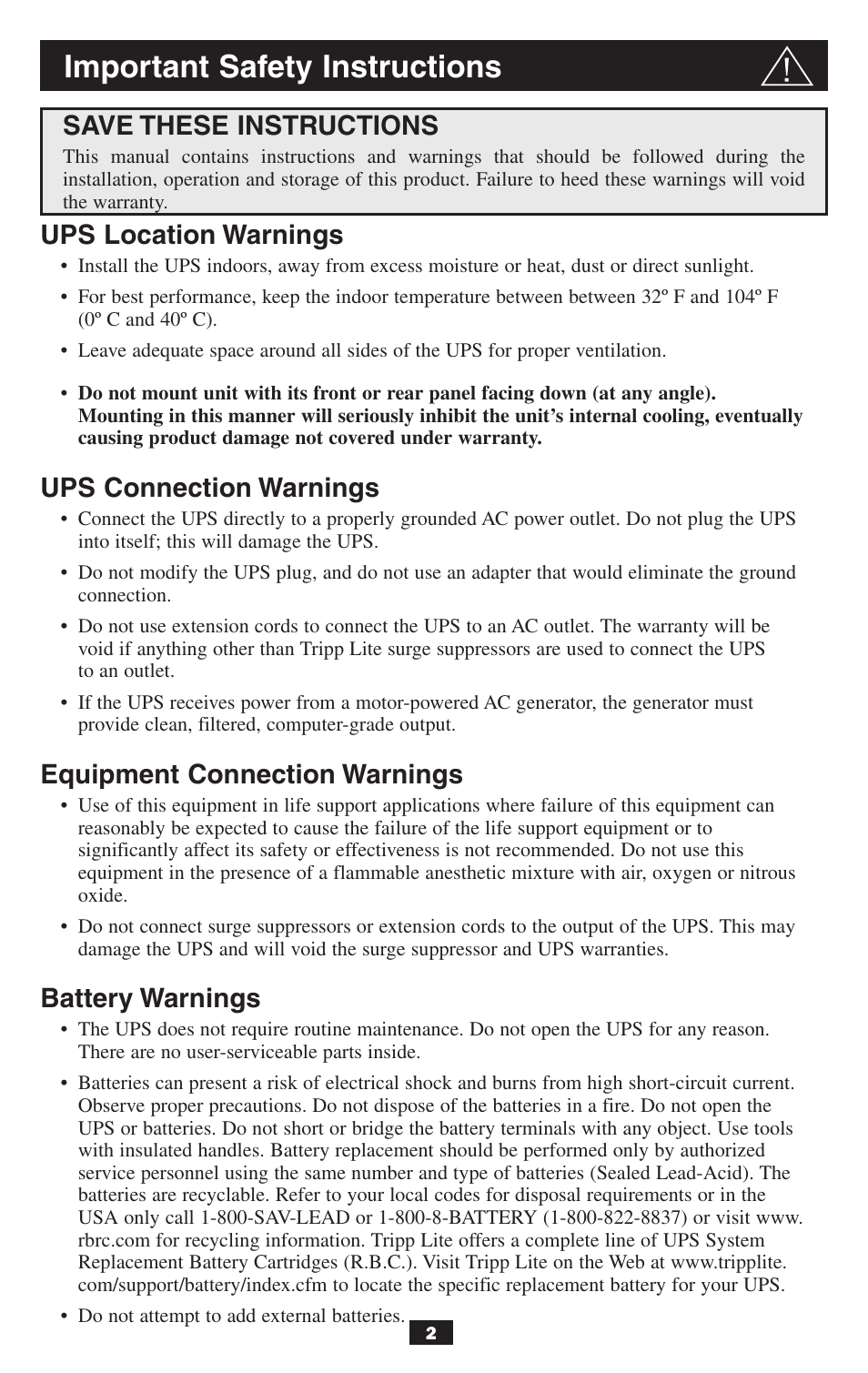 Important safety instructions, Ups location warnings, Ups connection warnings | Equipment connection warnings, Battery warnings, Save these instructions | Tripp Lite BCPERS300 User Manual | Page 2 / 16