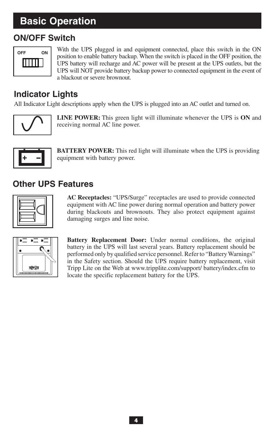 Basic operation, On/off switch, Other ups features | Indicator lights | Tripp Lite BCPERS300 User Manual | Page 4 / 16