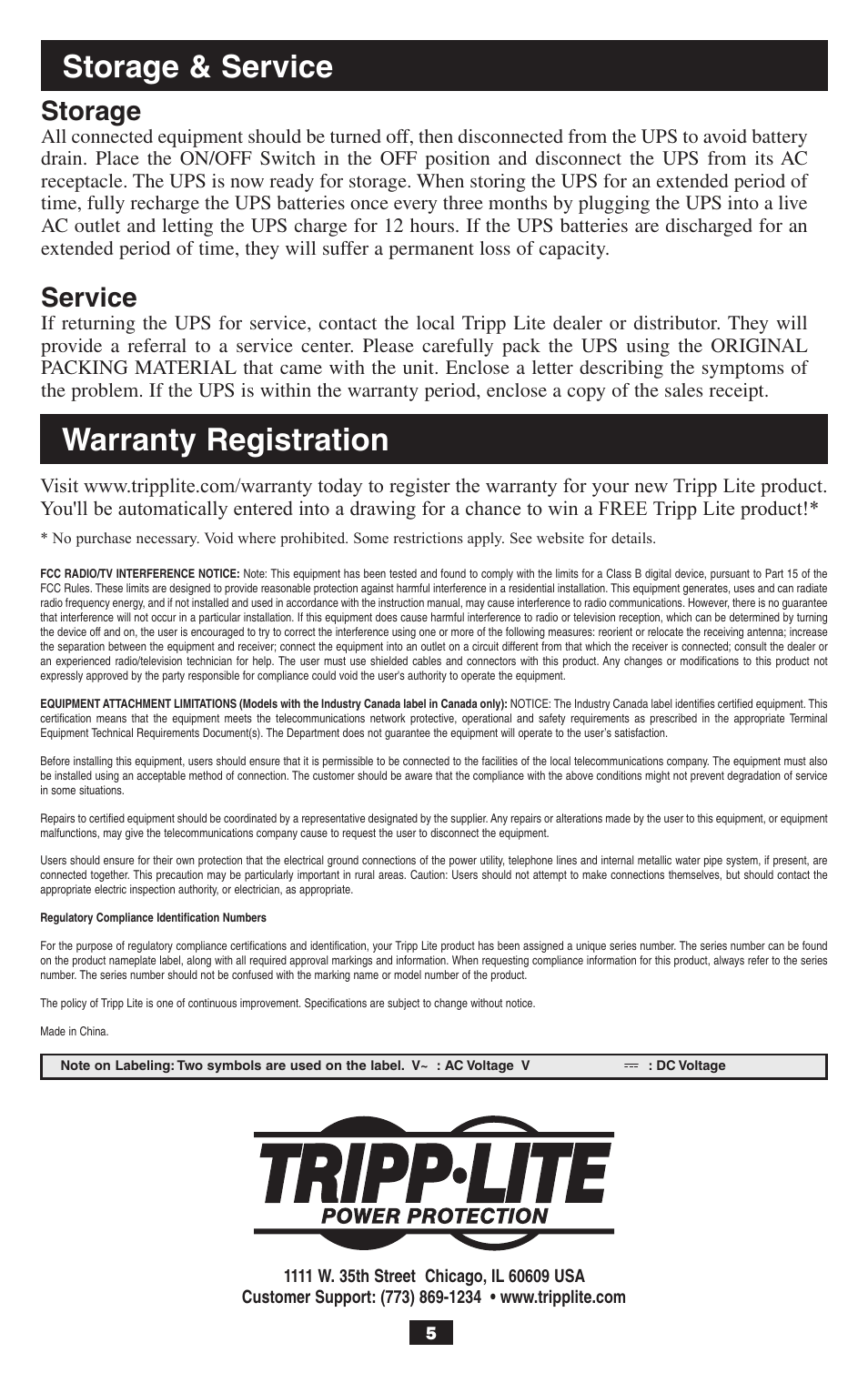 Storage & service warranty registration, Storage, Service | Tripp Lite BCPERS300 User Manual | Page 5 / 16